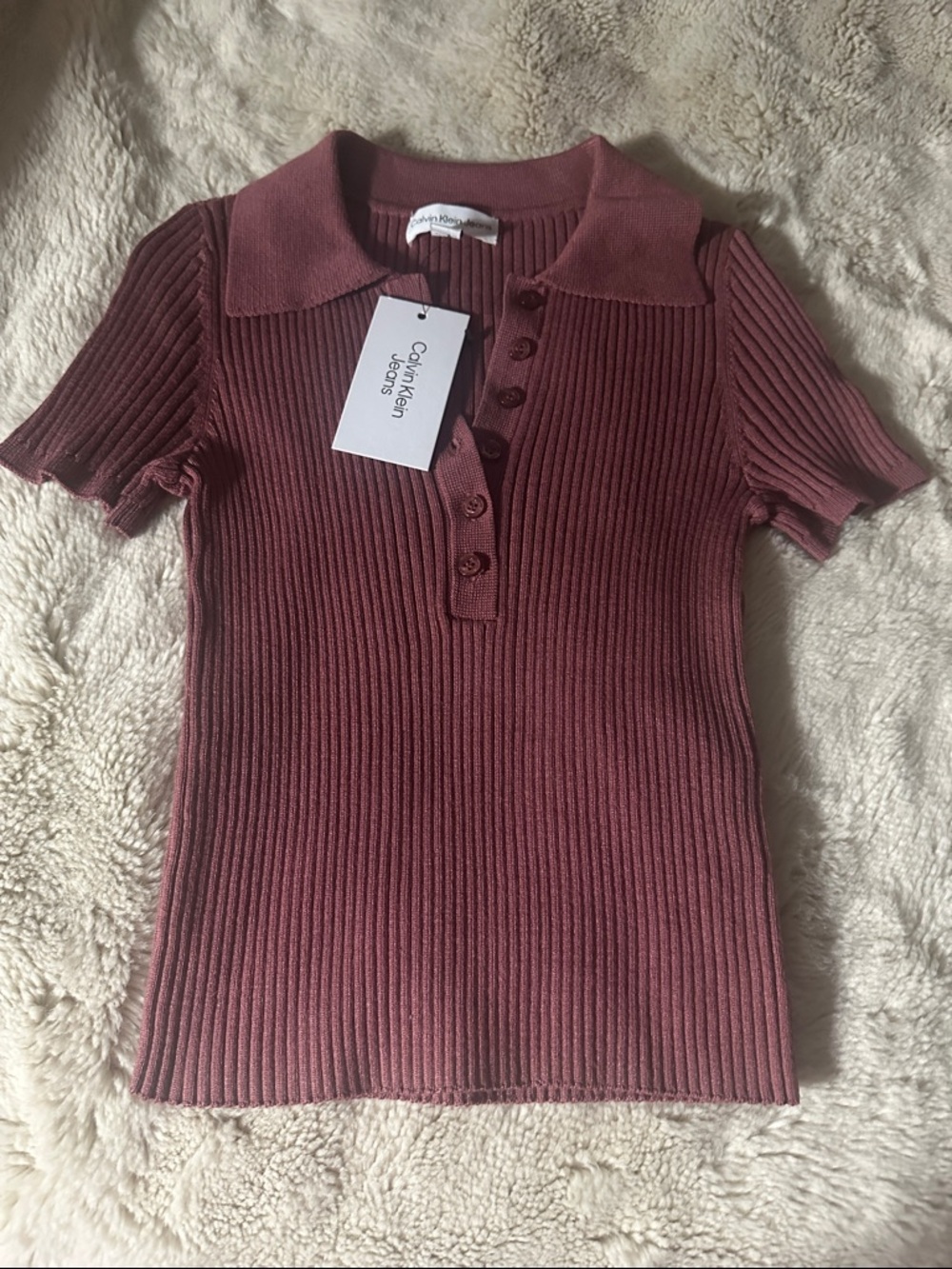 Calvin Klein Jeans Ribbed Polo Top in Mauve